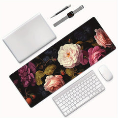 Dark Floral Roses Desk Pad Protector Mouse Pad Mat Non Slip Rubber Desk Mat