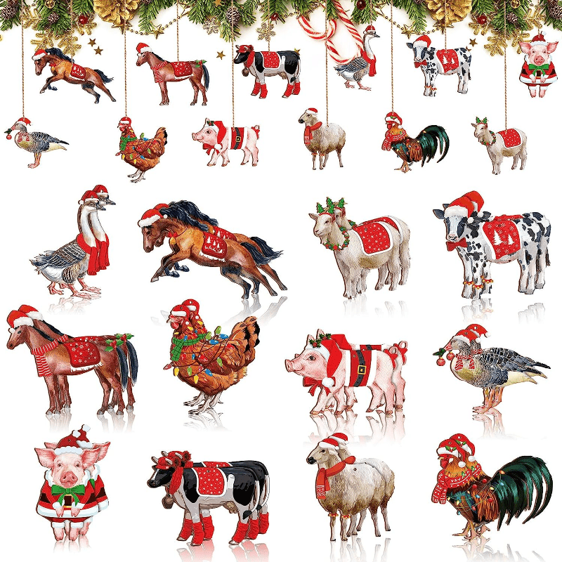 24pcs Christmas Farm Animal Decorations Set for Outdoor Party with Rope