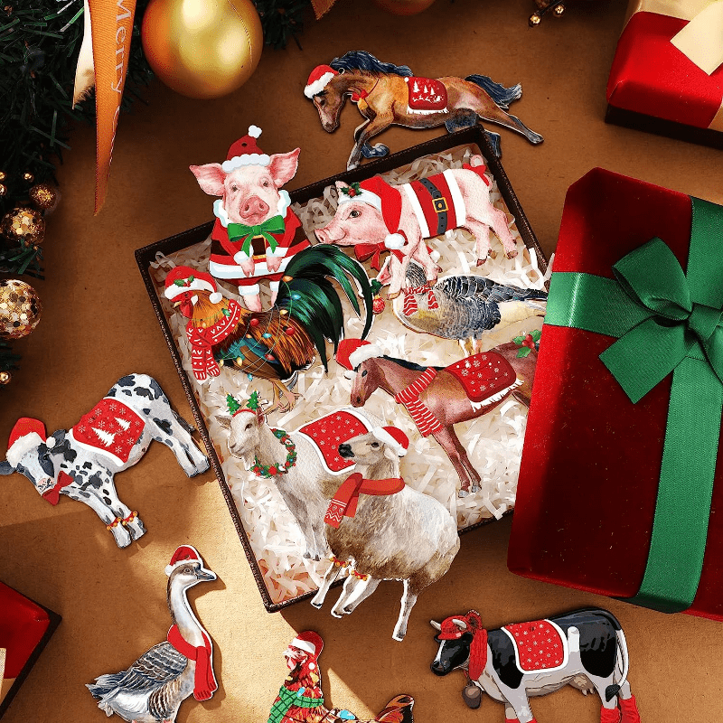 24pcs Christmas Farm Animal Decorations Set for Outdoor Party with Rope