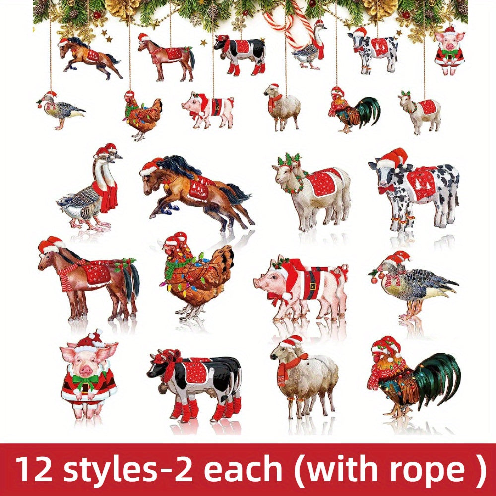 24pcs Christmas Farm Animal Decorations Set for Outdoor Party with Rope
