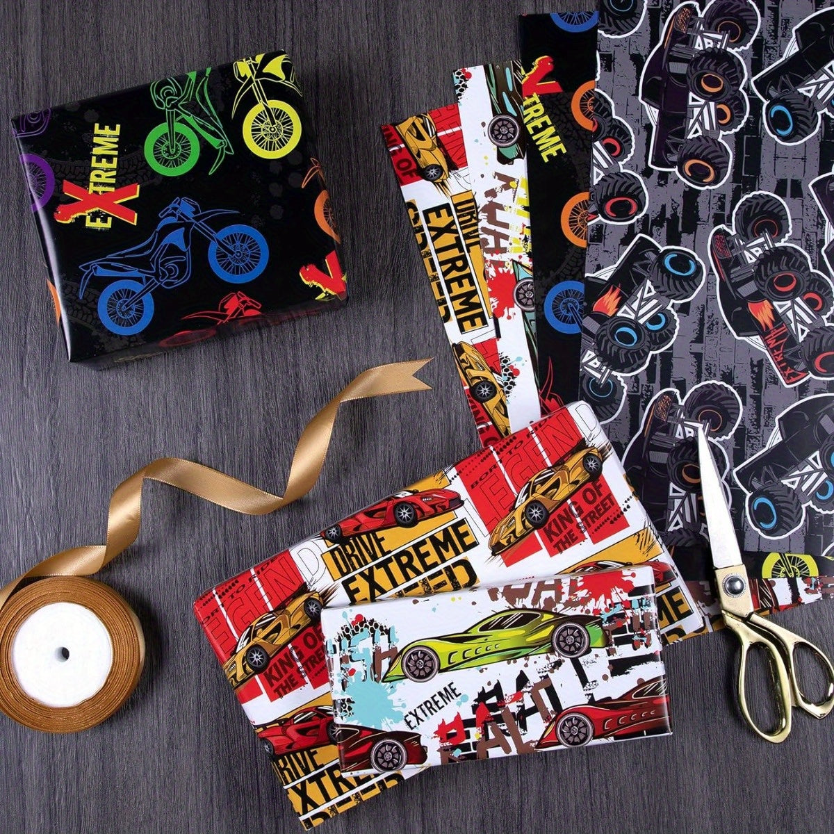 4pcs Christmas Wrapping Paper Sport Graffiti Birthday Lightning Basketball Footb