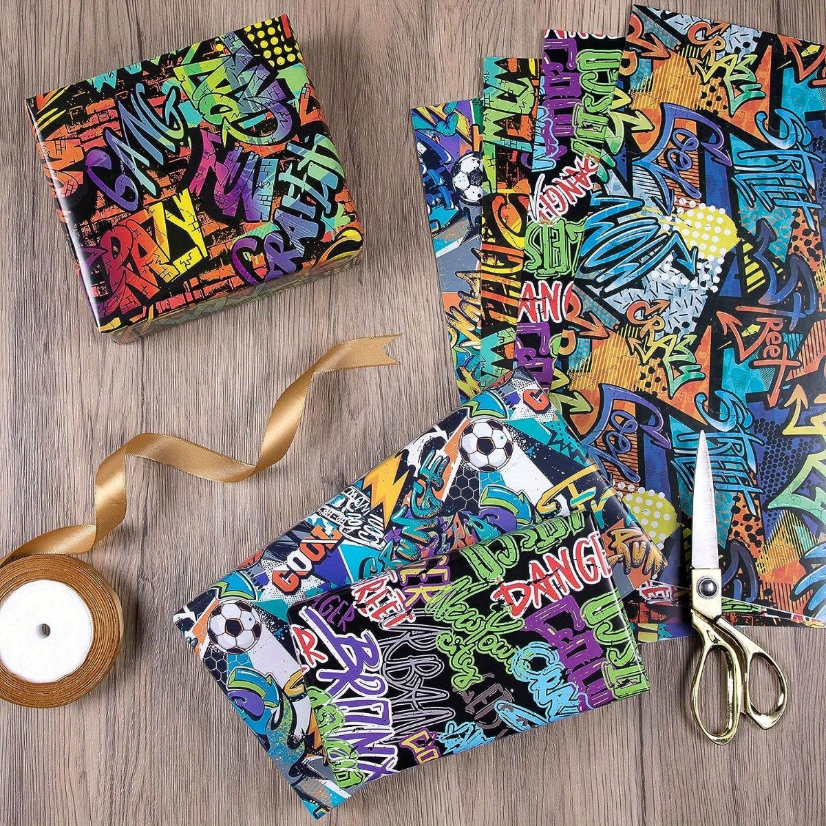 4pcs Christmas Wrapping Paper Sport Graffiti Birthday Lightning Basketball Footb