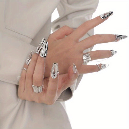 4pcs Nail Ring Armor Set Silver Irregular Nail Pieces Adjustable Open Rings