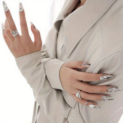 4pcs Nail Ring Armor Set Silver Irregular Nail Pieces Adjustable Open Rings