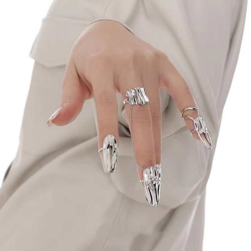 4pcs Nail Ring Armor Set Silver Irregular Nail Pieces Adjustable Open Rings