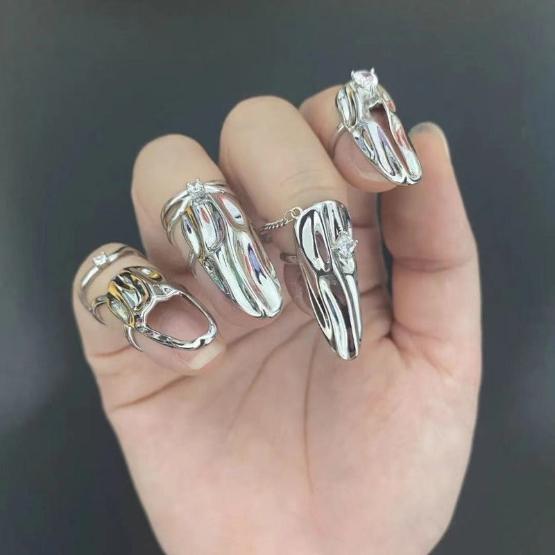 4pcs Nail Ring Armor Set Silver Irregular Nail Pieces Adjustable Open Rings