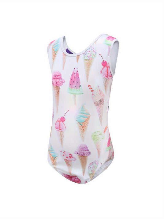 Girls Sweet Ice Cream Pattern Gymnastics Romper