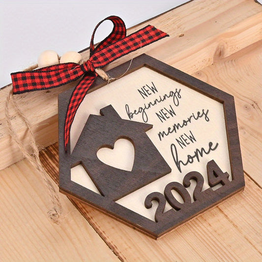 Wooden Year Plaid Bow Hanging Decoration For Outdoor Gift