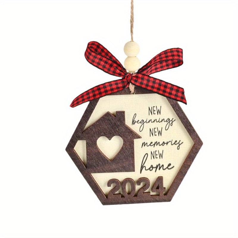 Wooden Year Plaid Bow Hanging Decoration For Outdoor Gift