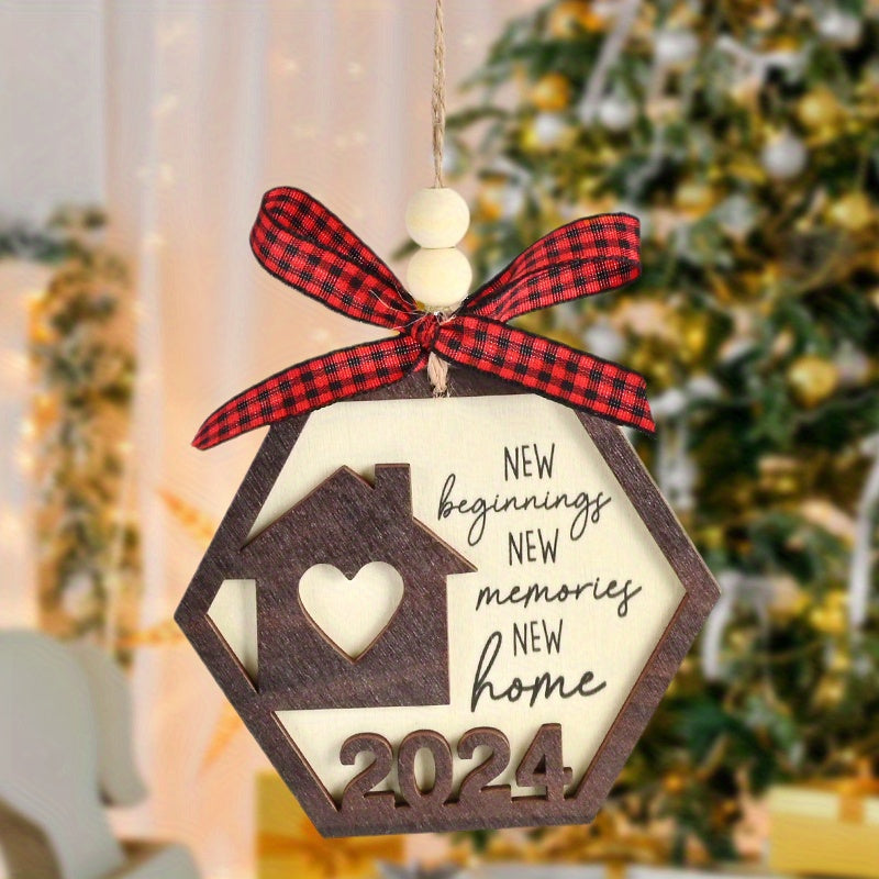 Wooden Year Plaid Bow Hanging Decoration For Outdoor Gift