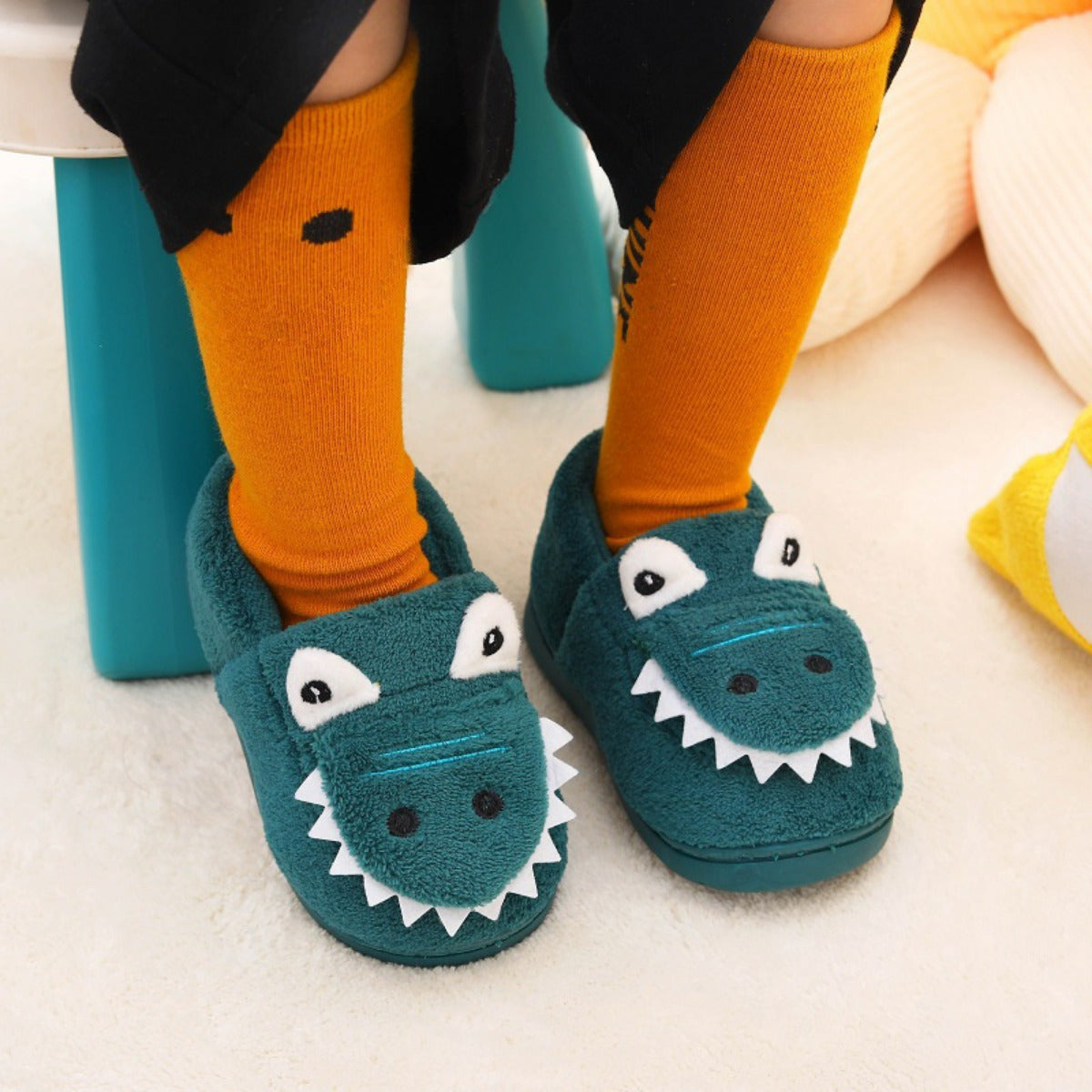 Dino Furry House Shoes for Boys - Non Slip Soft Bottom Shoe