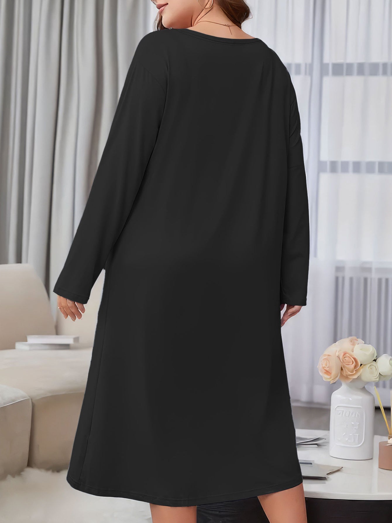 Plus Size Lounge Dress Women's Plus Art Letter & Floral Print Long Sleeve