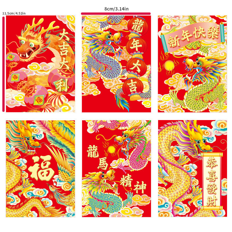 6pcs Dragon Year Red Envelope Cartoon Dragon Zodiac 3D Spring Gift Seal