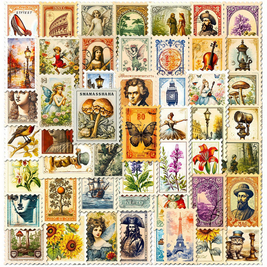 50pcs Medieval Stamp Stickers Retro Journals Diaries DIY Decorative Stickers