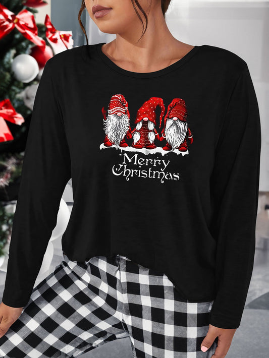Gnomes & Letter Print Plus Size Christmas Lounge Top