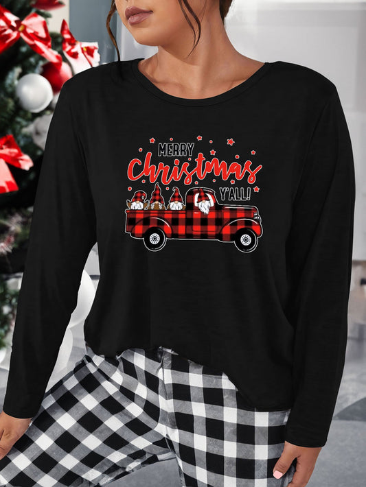 Women's Plus Plaid Car & Gnomes Print Lounge Top