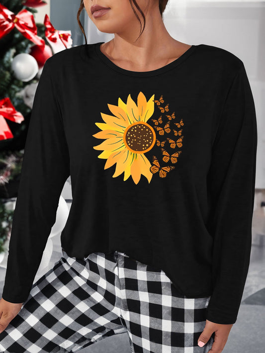  Butterfly Sunflower Print Lounge Top Long Sleeve Tee