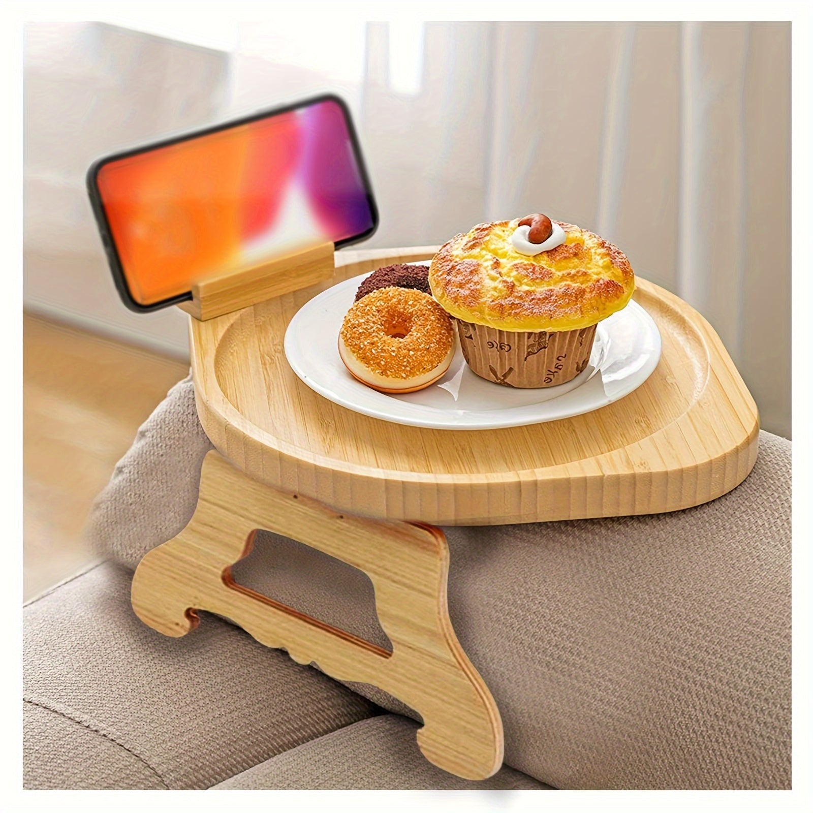 Bamboo Sofa Tray Table with Phone Holder