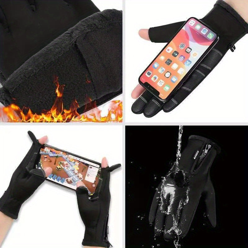 Winter Fleece Two Finger Flip Gloves Waterproof Touch Screen Gloves
