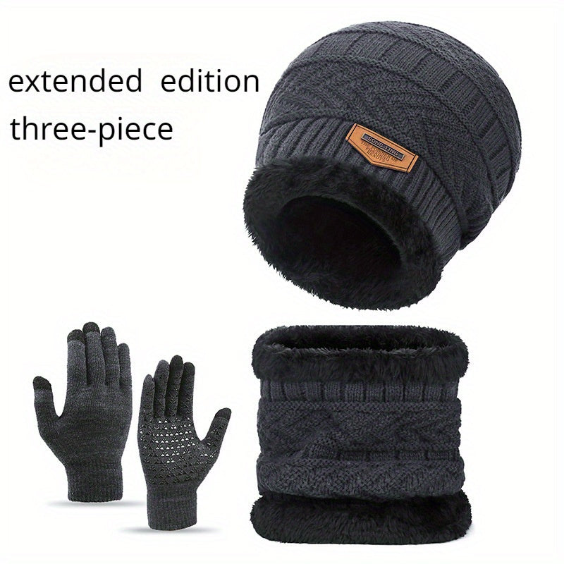 Winter Knitted Hat Scarf Gloves Set For Women Men Velvet Lining Warm Beanie