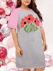 Floral Graphic Raglan Sleeve Plus Size Nightdress
