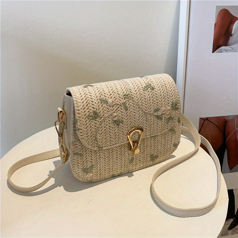 Mini Straw Crossbody Bag with Flower Lace and Turn Lock