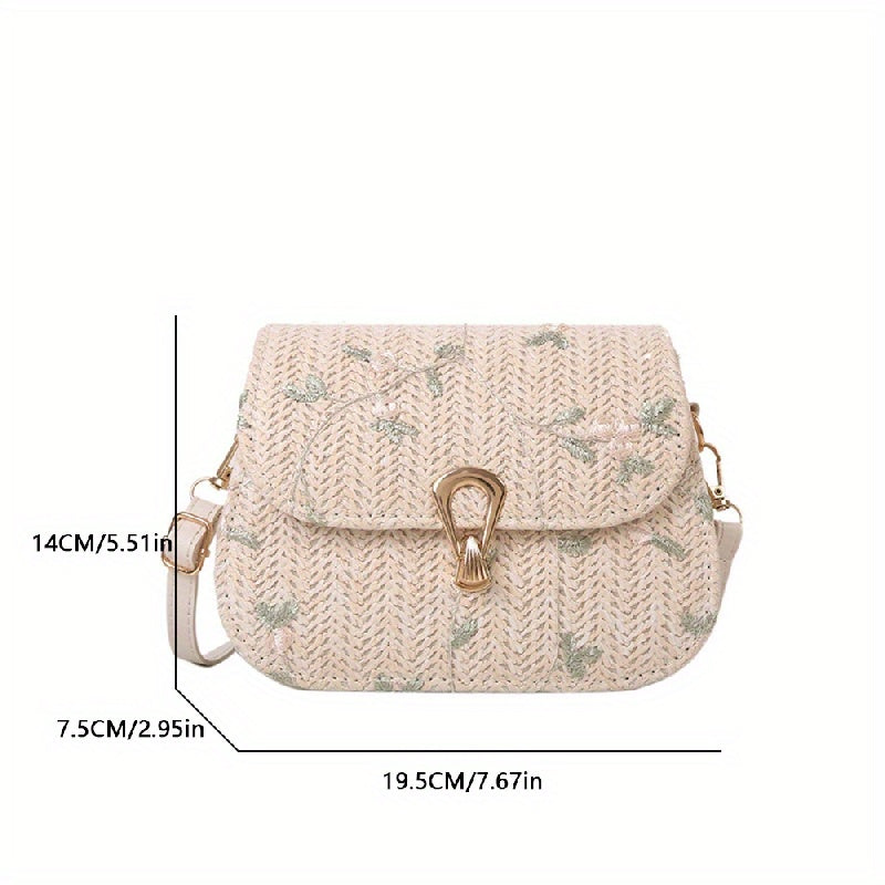 Mini Straw Crossbody Bag with Flower Lace and Turn Lock