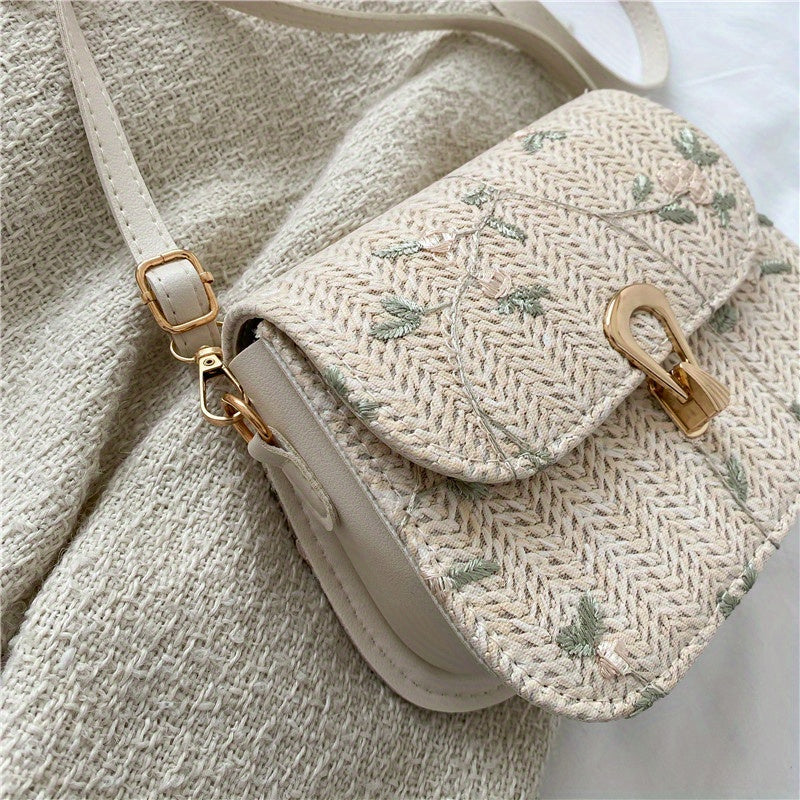 Mini Straw Crossbody Bag with Flower Lace and Turn Lock