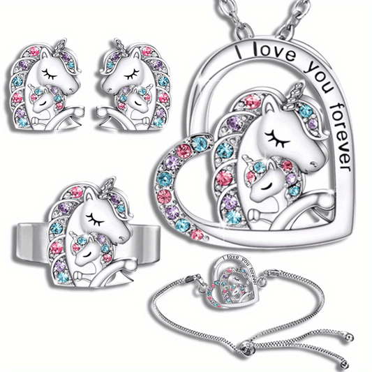 Unicorn Jewelry Set Heart Pendant Necklace Earrings Ring Bracelet