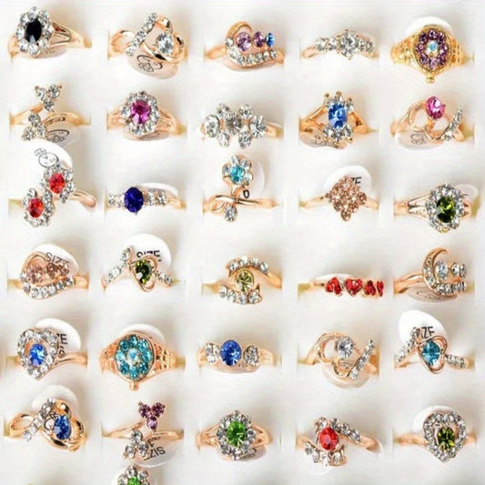 10pcs Mixed Colors Crystal Rhinestone Golden Rings For Women