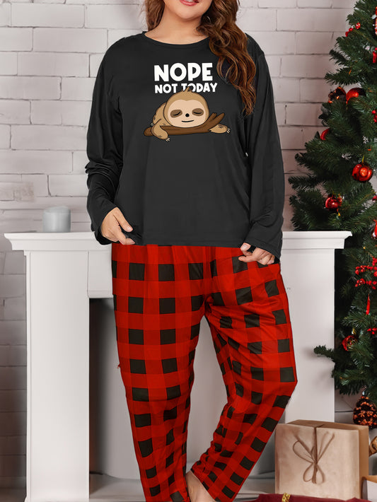  Sloth Graphic Long Sleeve Tee & Plaid Pants Pajamas Set