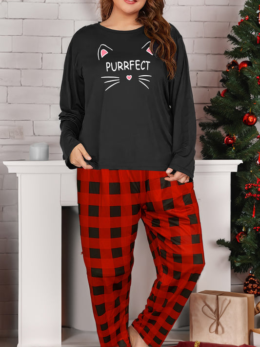  Cat & Letter Graphic Long Sleeve Top & Plaid Pants Pajamas Set