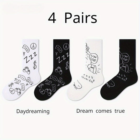 4 Pairs Graffiti Crew Socks for Outdoor Sports