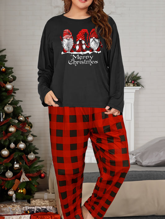  Christmas Lounge Set Gnomes & Slogan Print Tee & Plaid Pants Pajamas