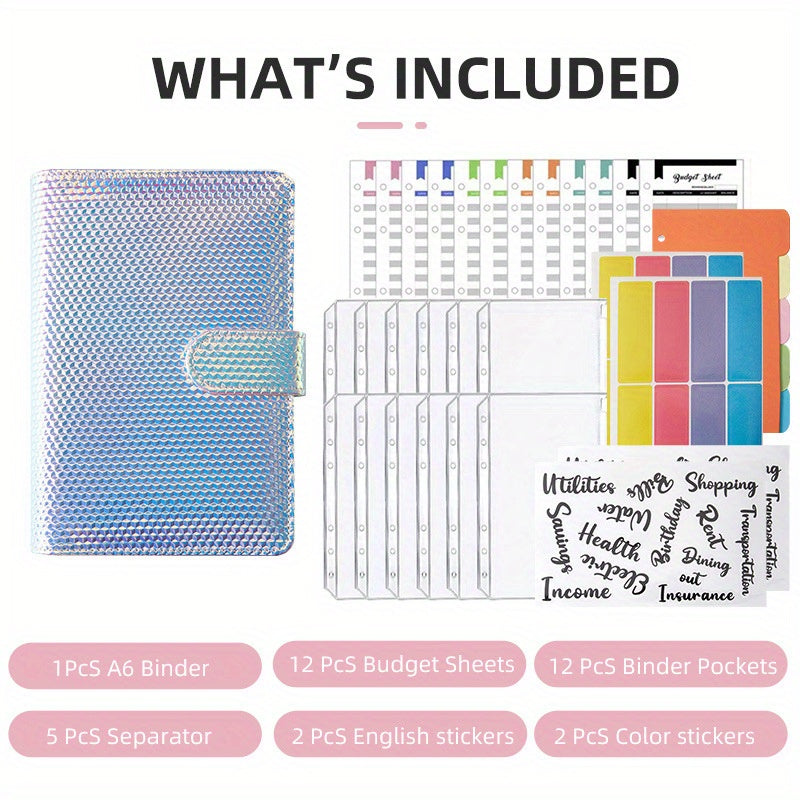 A6 Laser Colorful Loose leaf Book With Zipper Bag 12 Sheets Stickers