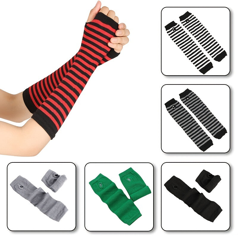 Knitted Striped Fingerless Elbow Gloves Warmer For Christmas Party