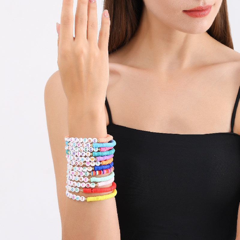 12pcs Music Fan Bracelet Soft Pottery Elastic Thread Bead Bracelet