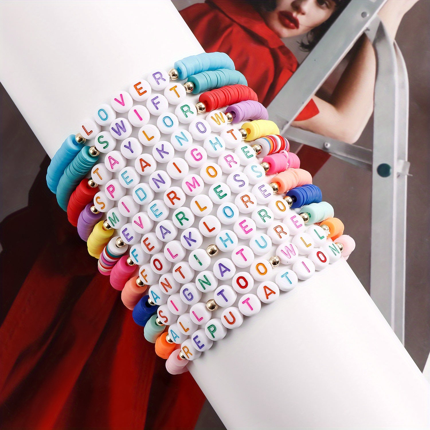 12pcs Music Fan Bracelet Soft Pottery Elastic Thread Bead Bracelet