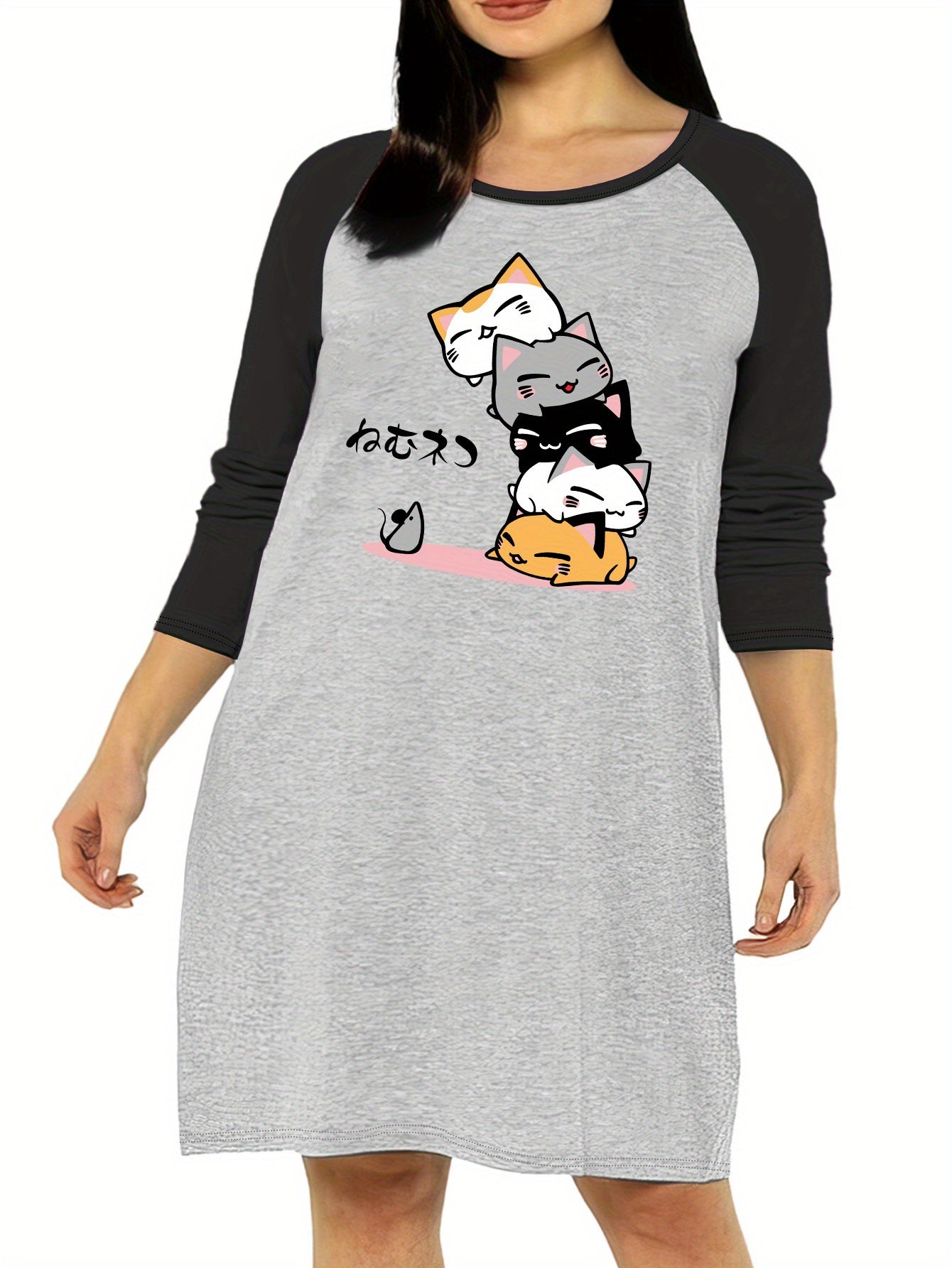  Cat & Mouse Graphic Raglan Sleeve Sleep Dress