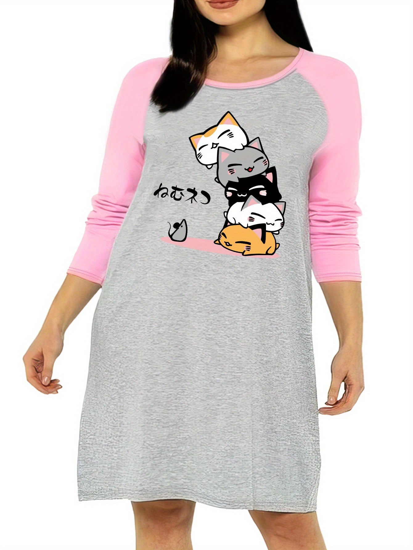  Cat & Mouse Graphic Raglan Sleeve Sleep Dress