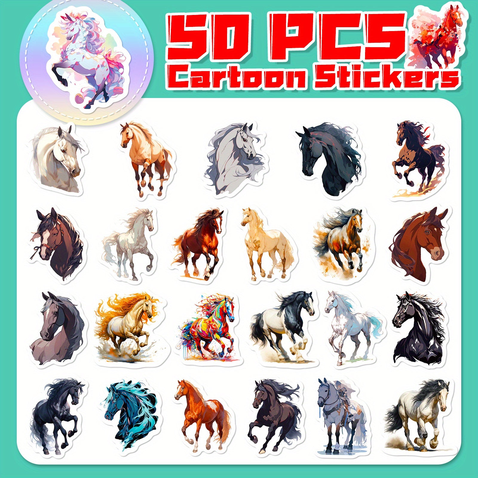 50pcs Cartoon Horse Stickers for Stationery Laptops Mobile Cases