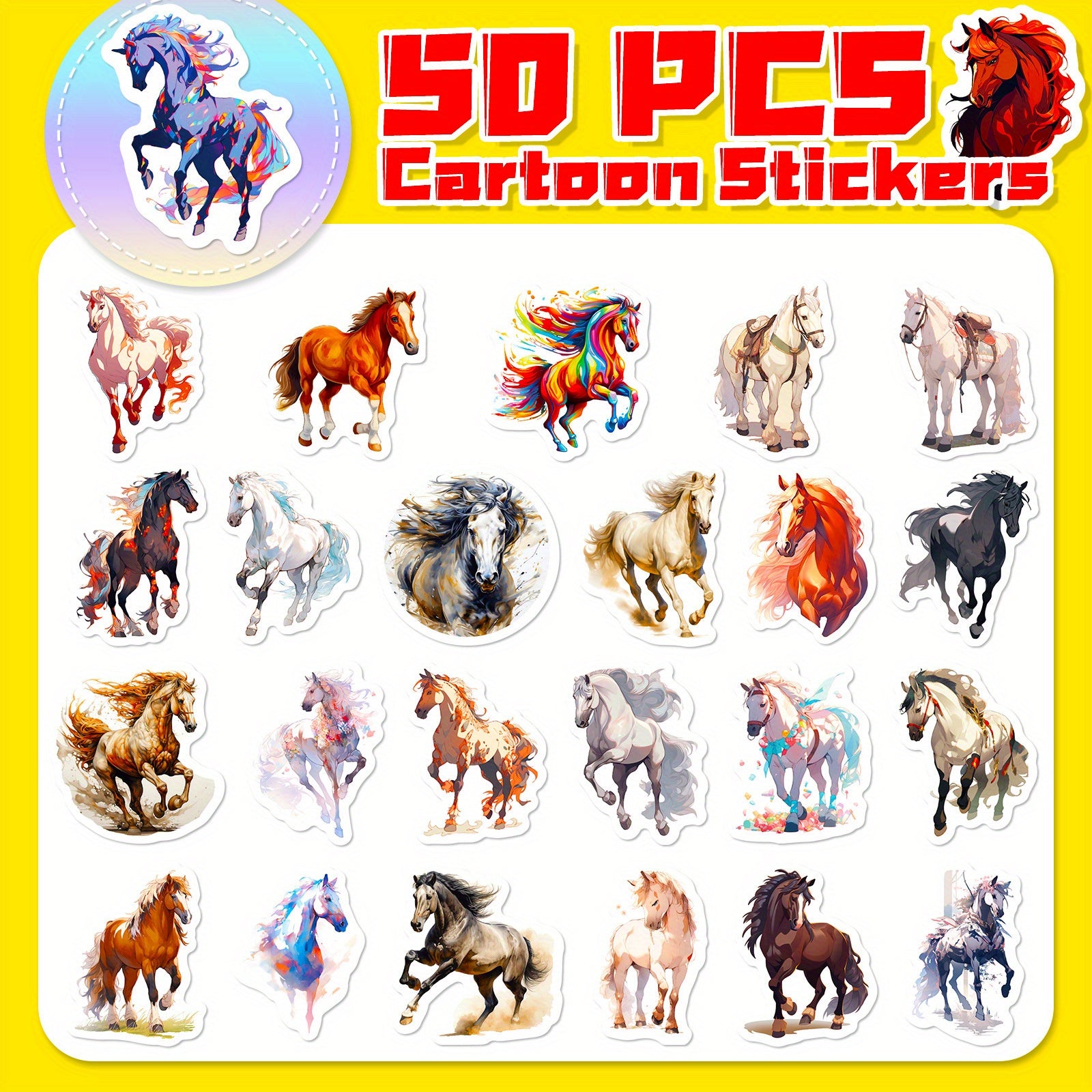 50pcs Cartoon Horse Stickers for Stationery Laptops Mobile Cases