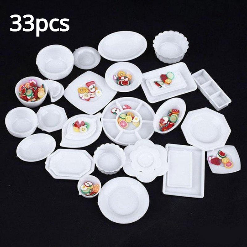 33pcs DIY Food & Play Plates 1:12 Model House Kitchen Tableware Accessories