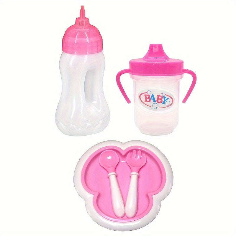 18" Doll Accessory Set Plastic Baby Bottle Drinking Cup Plate and Fork