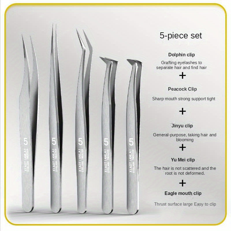 5pcs Eyelash Tweezers Clips Set for Beginners