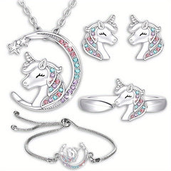 Unicorn Jewelry Set Sparkling Star Crescent Necklace Earrings Ring Bracelet
