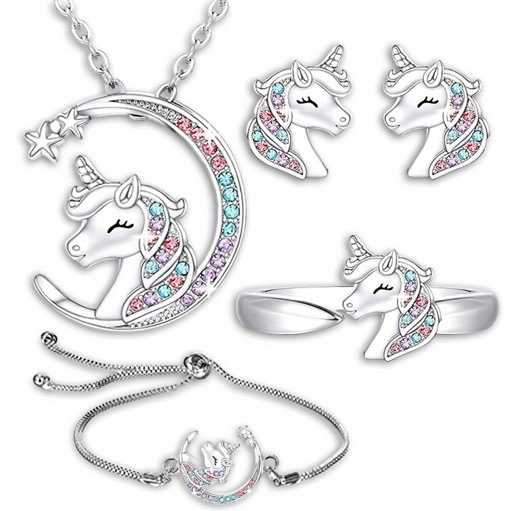 Unicorn Jewelry Set Sparkling Star Crescent Necklace Earrings Ring Bracelet