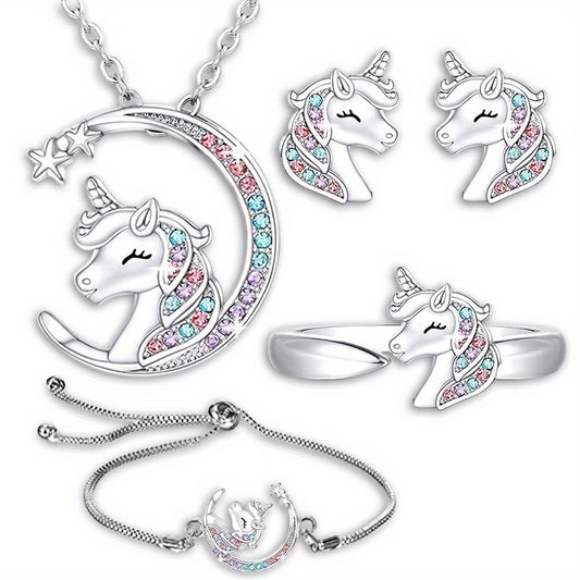 Unicorn Jewelry Set Sparkling Star Crescent Necklace Earrings Ring Bracelet