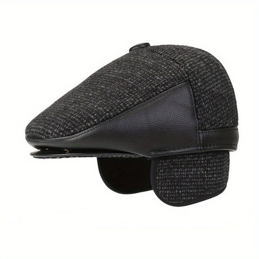 Men's Beret Hat With Earflaps Vintage Warm Velvet Winter Newsboy Cap