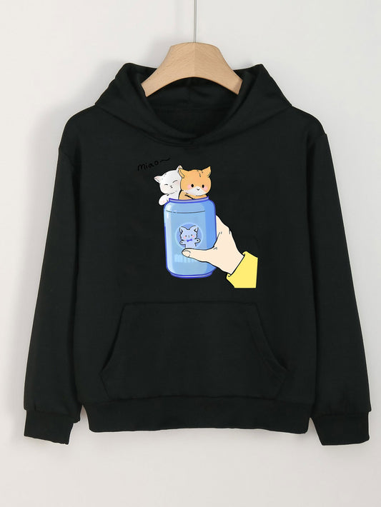 Girls Cartoon Cats In Bottle Pattern Long Sleeve Hooded Sweatshirt